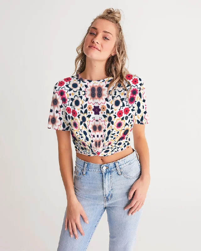 Abstract flower pattern Women's All-Over Print Twist-Front Cropped Tee