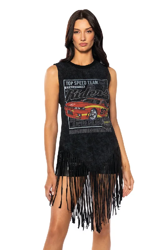 TOP SPEED SLEEVELESS FRINGE GRAPHIC TEE