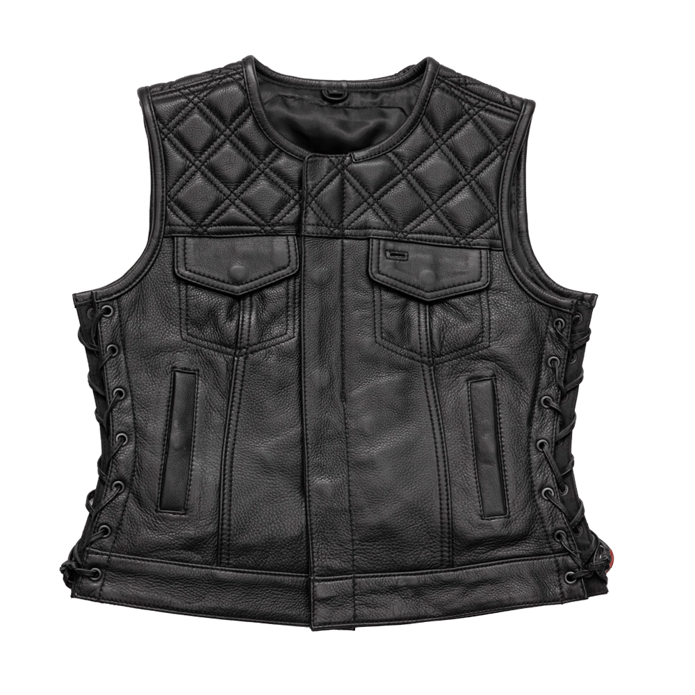 Bonnie - Women's Motorcycle Leather Vest - Diamond Quilt Classic Wool Vest