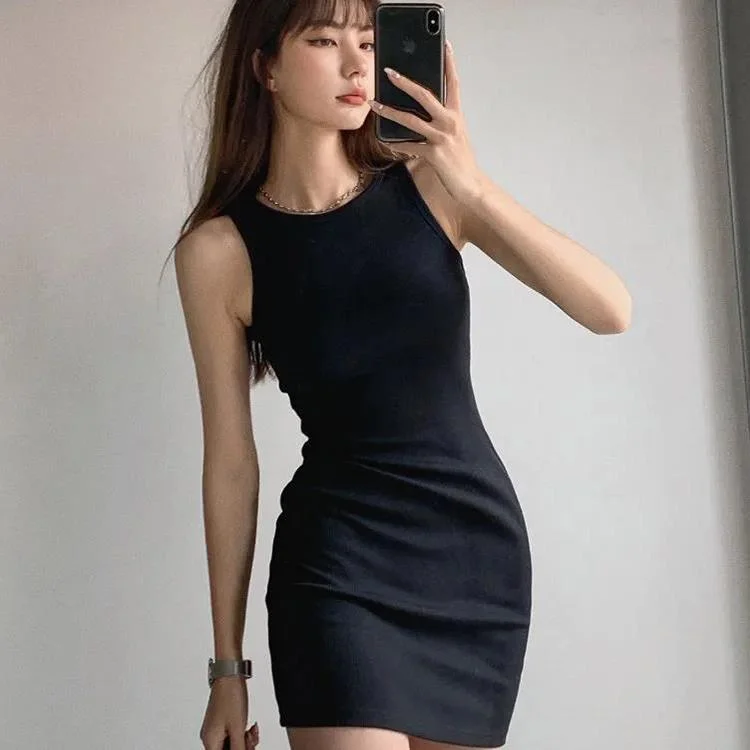 Sleeveless Vest Dress Black Bag Hip Dress Female Suspender Dress