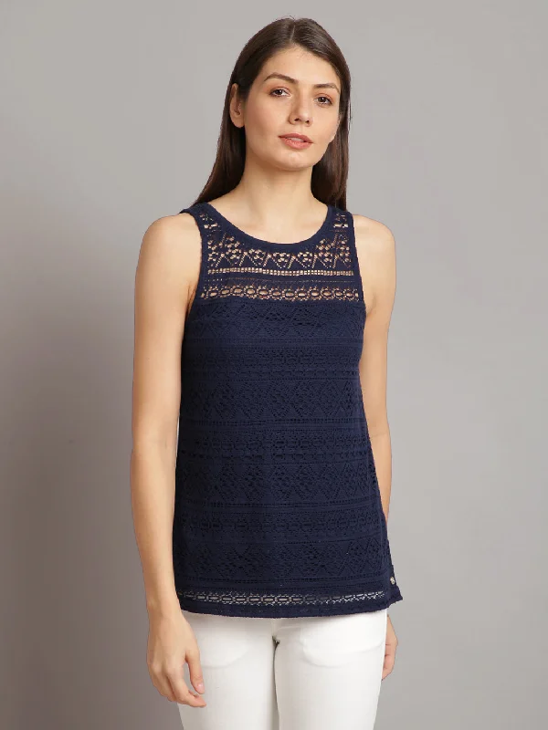 Women Blue Embroidered Sleeveless Tank Tops