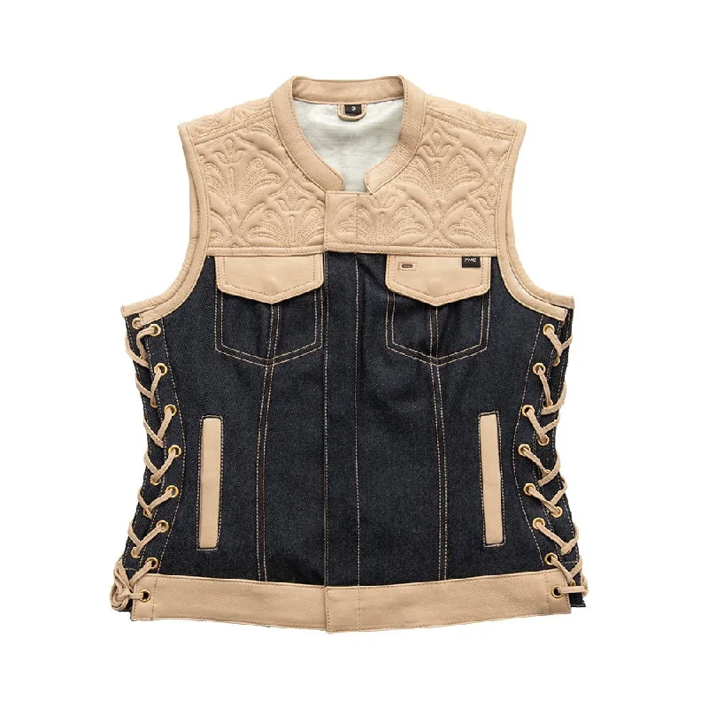 Cedar Women's Club Style Motorcycle Leather/Denim Vest - Limited Edition Elegant Duster Vest