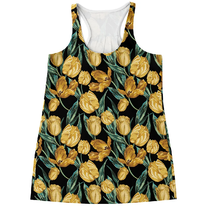 Yellow Tulip Floral Pattern Print Women's Racerback Tank Top