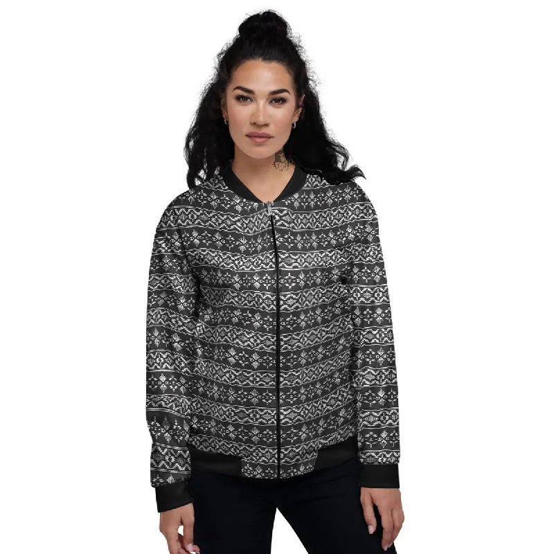 Abstract Navajo White And Black Print Women's Bomber Jacket