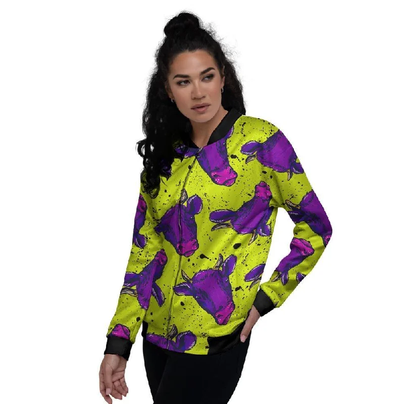 Abstract Neon Cow Print Women's Bomber Jacket