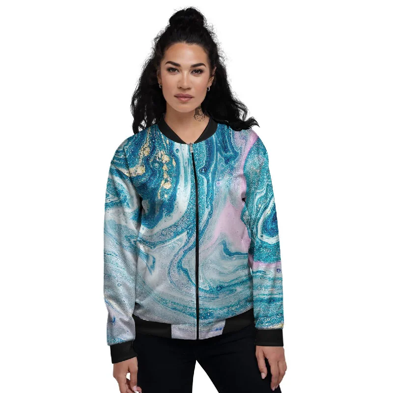 Abstract Ocean Marble Pink Blue Print Women's Bomber Jacket