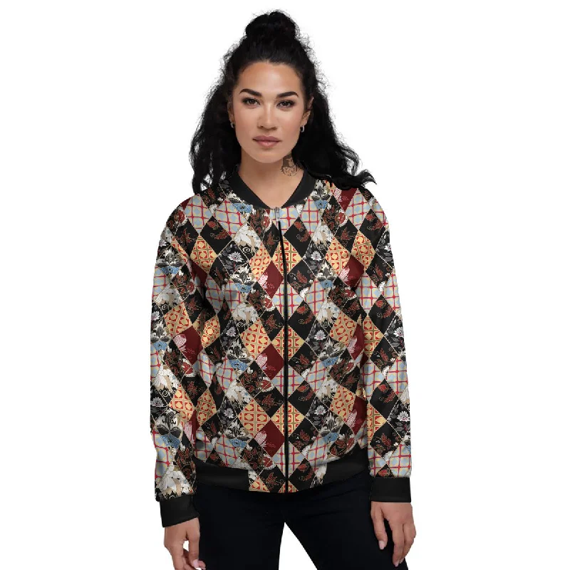 Abstract Patchwork Floral Print Pattern Women's Bomber Jacket