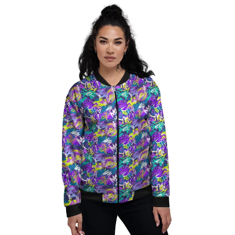 Abstract Purple Graffiti Print Pattern Women's Bomber Jacket