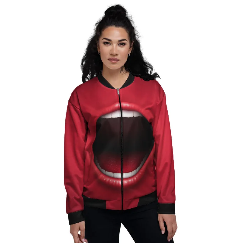 Abstract Scream Red Mouth Print Women's Bomber Jacket