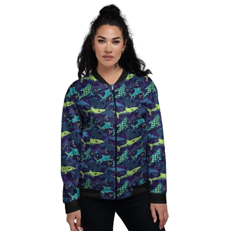 Abstract Shark Print Pattern Women's Bomber Jacket