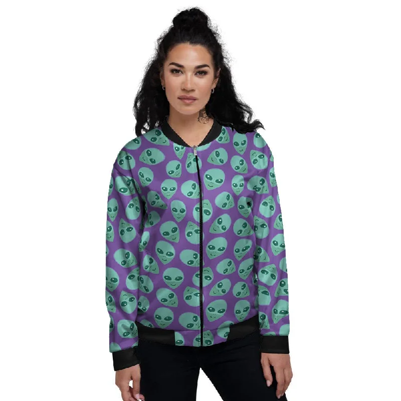 Alien Face Purple Print Pattern Women's Bomber Jacket