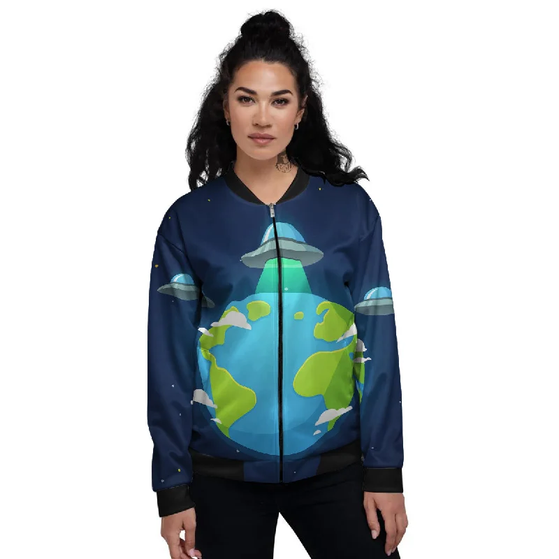 Alien Invasion And Earth Print Women's Bomber Jacket