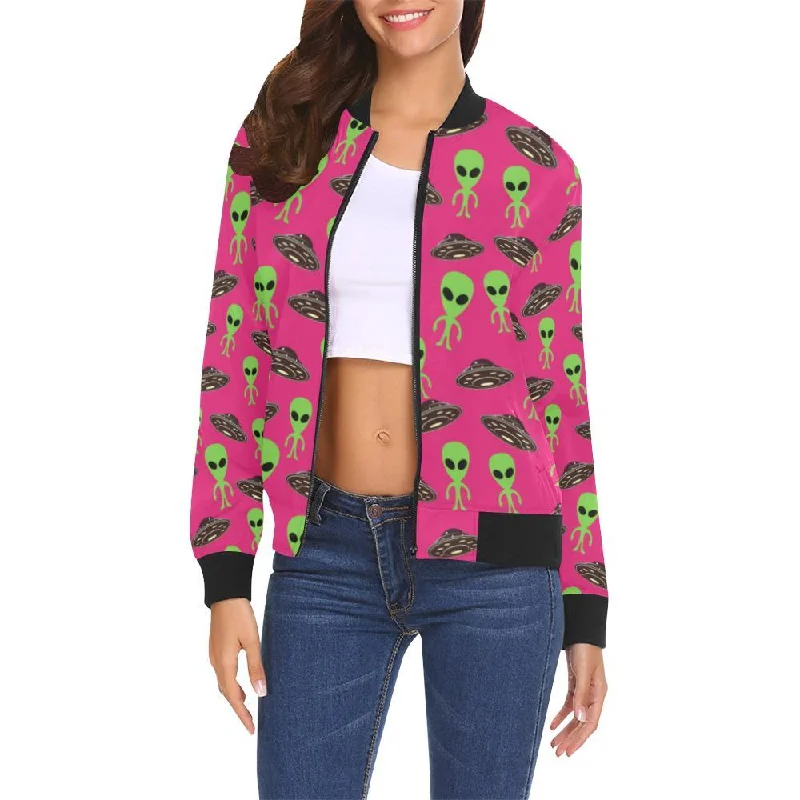 Alien Ufo Pink Pattern Print Women Casual Bomber Jacket