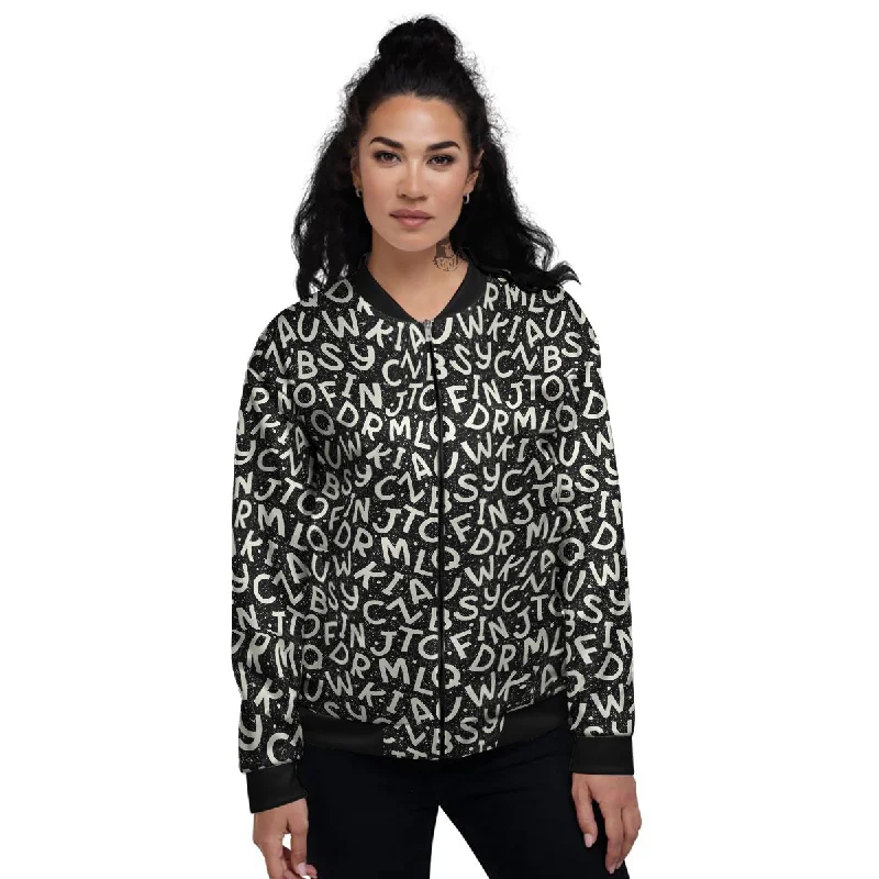 Alphabet Black Print Pattern Women's Bomber Jacket