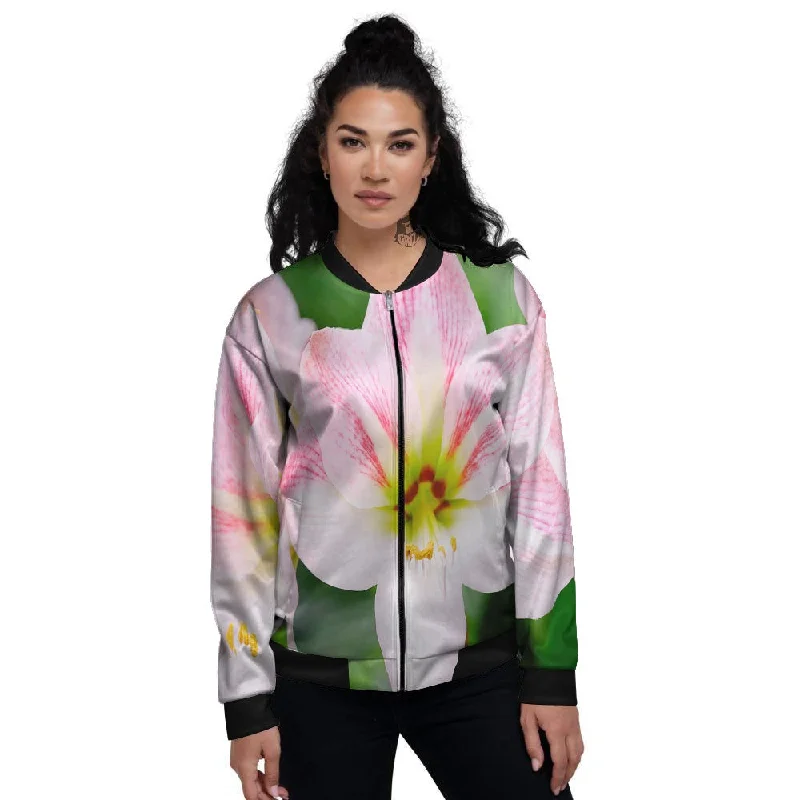 Amaryllis Pink And White Print Women's Bomber Jacket