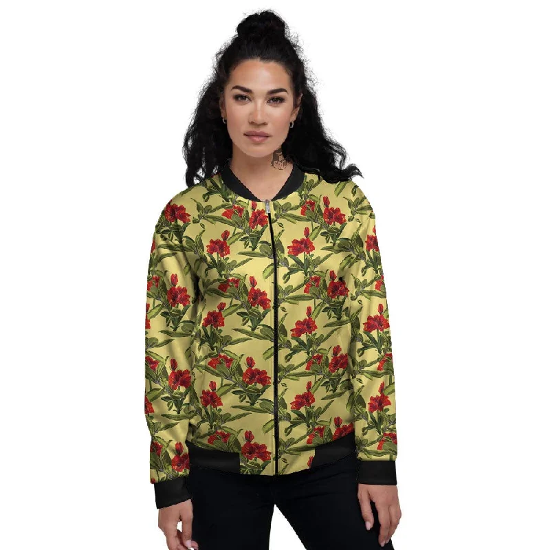 Amaryllis Red Yellow Print Pattern Women's Bomber Jacket