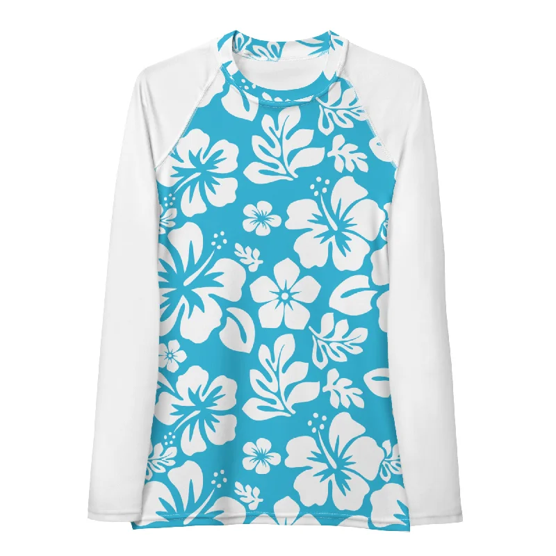 Aqua Blue and White Hawaiian Print Women's Rash Guard with White Sleeves