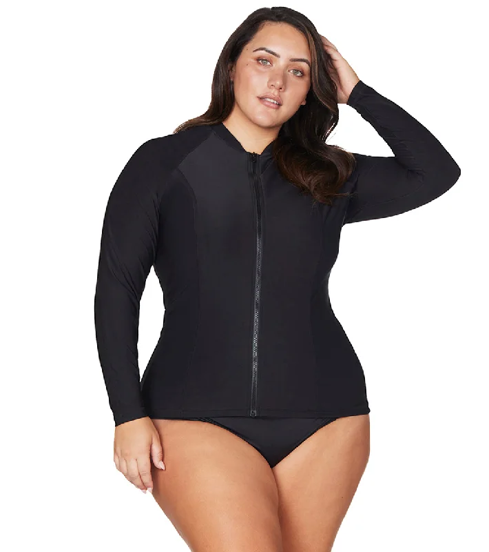 Artesands Woman's Plus Size Hues Sunsafe Long Sleeve One Piece Swimsuit Black