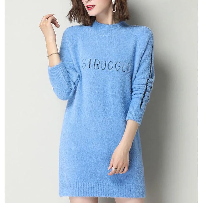 Autumn and Winter Fluffy Bottoming Shirt Loose Mid-length Knitted Sweater Pullover Simple Dress