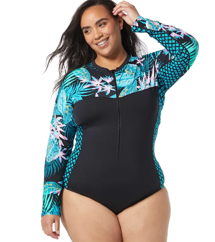 Beach House Women's Plus Size Delray Beach Sculpt Long Sleeve Zip Front One Piece Swimsuit Black