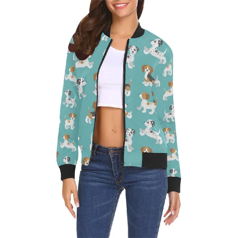 Beagle Dog Bone Pattern Print Women Casual Bomber Jacket