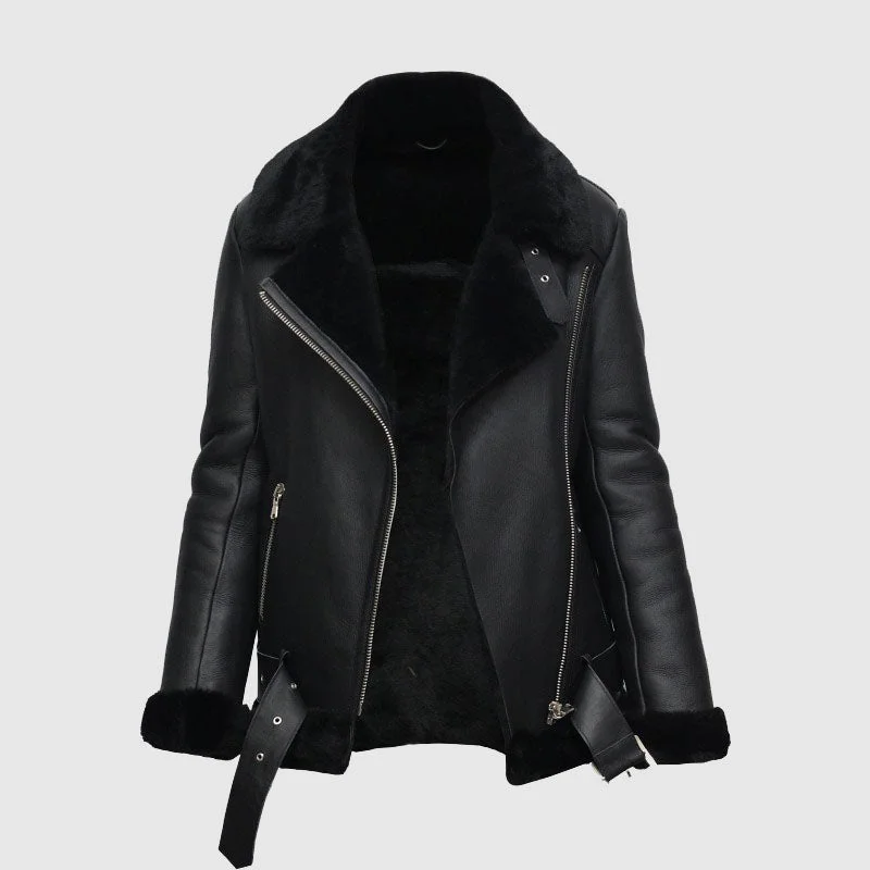 Best Purchase Article Womens Black Shearling Sheepskin Pilot Aviator Fur-lined Leather jacket