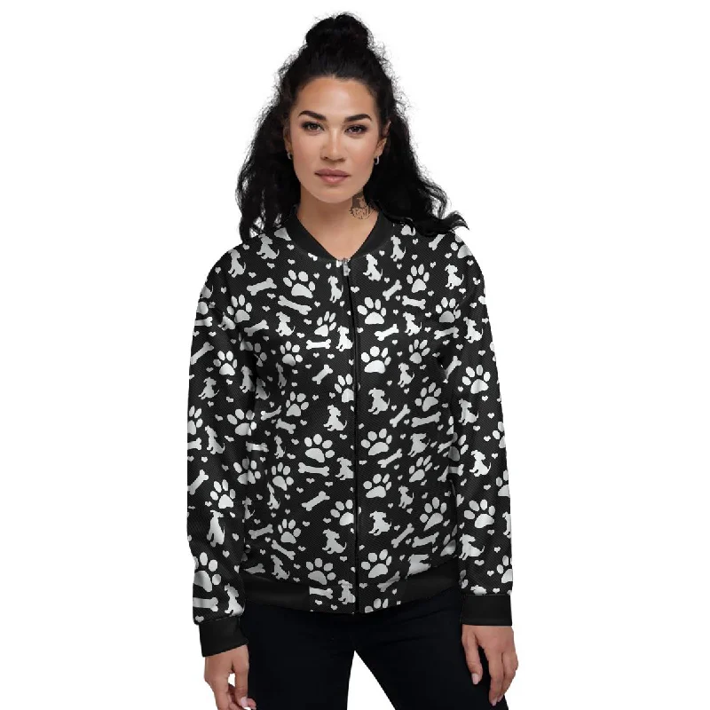 Black and White Dog Paw Print Pattern Women's Bomber Jacket