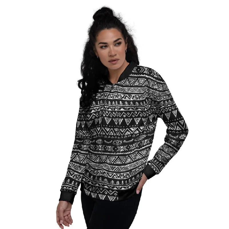 Black And White Doodle Tribal Aztec Print Women's Bomber Jacket