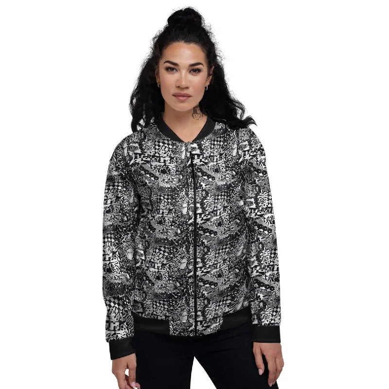 Black and White Graffity Street Art Print Pattern Women's Bomber Jacket