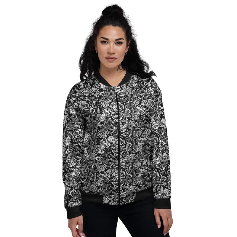 Black And White Oldschool Tattoo Print Pattern Women's Bomber Jacket