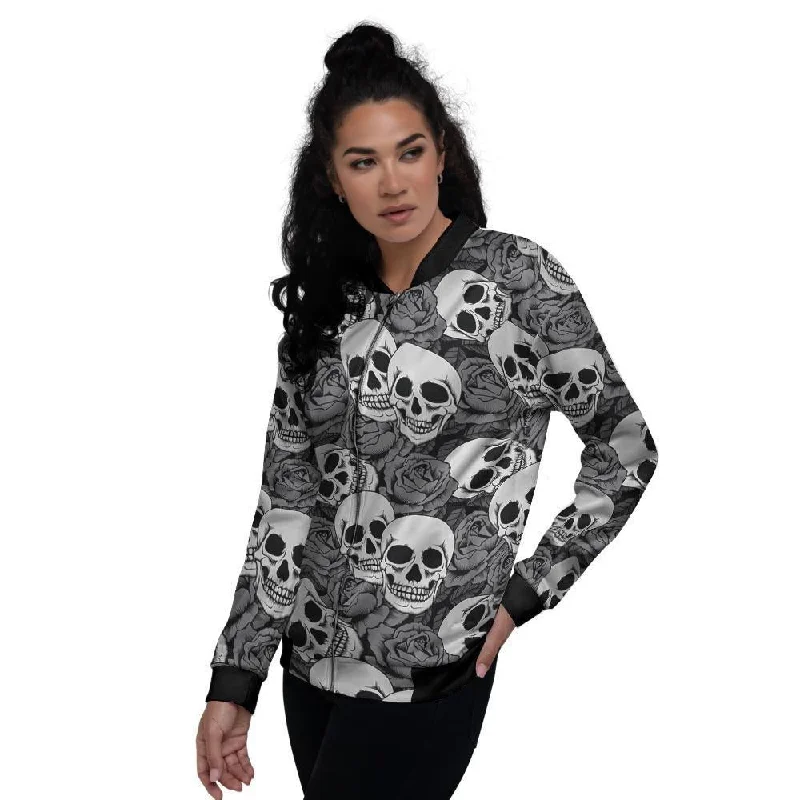 Black And White Rose Floral Skull Women's Bomber Jacket