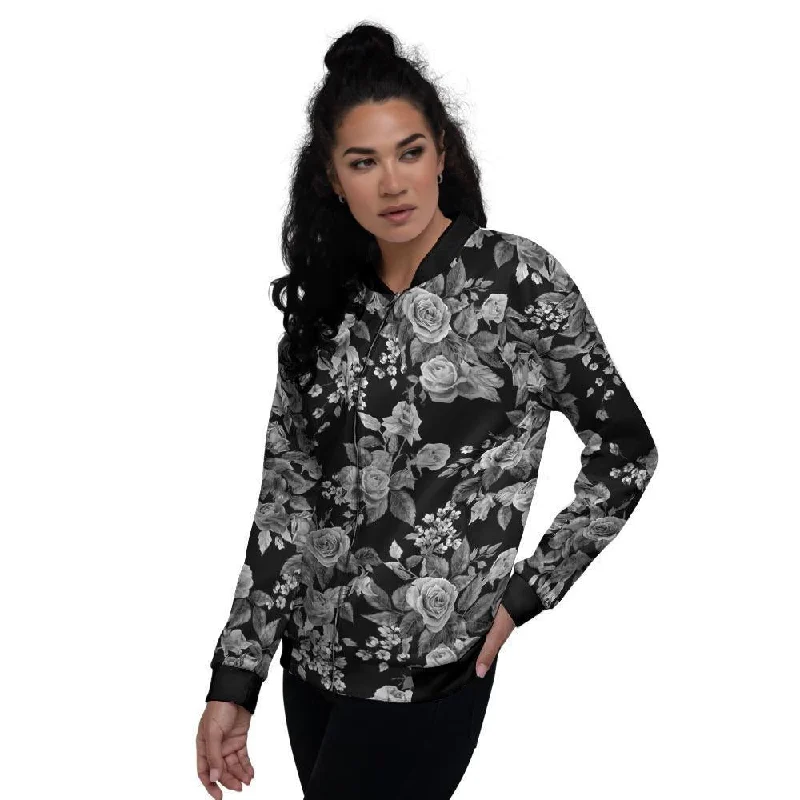 Black And White Rose Flower Women's Bomber Jacket