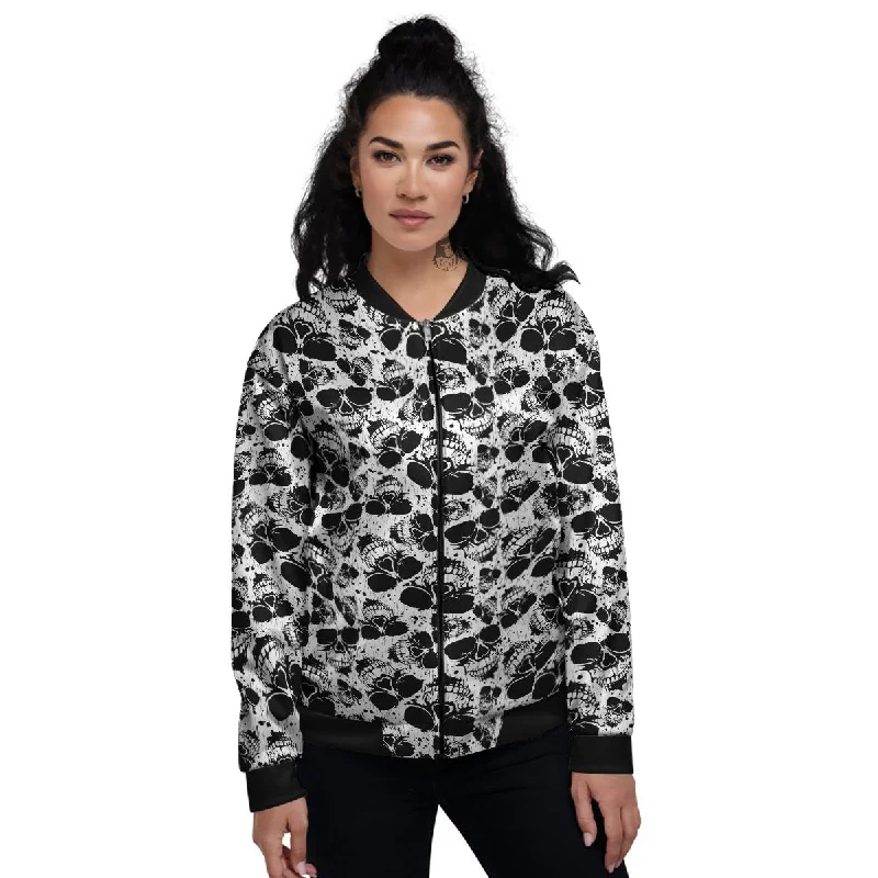 Black And White Skull Grunge Print Pattern Women's Bomber Jacket