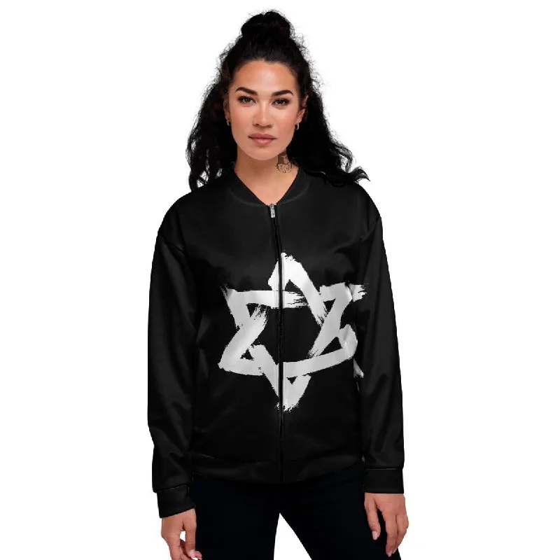 Black And White Star of David Print Women's Bomber Jacket