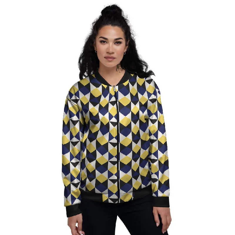 Black Argyle And Blue Yellow Print Pattern Women's Bomber Jacket