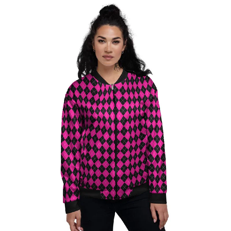 Black Argyle And Deep Pink Print Pattern Women's Bomber Jacket