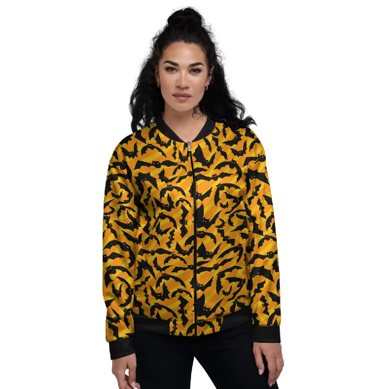 Black Bat And Orange Striped Print Pattern Women's Bomber Jacket