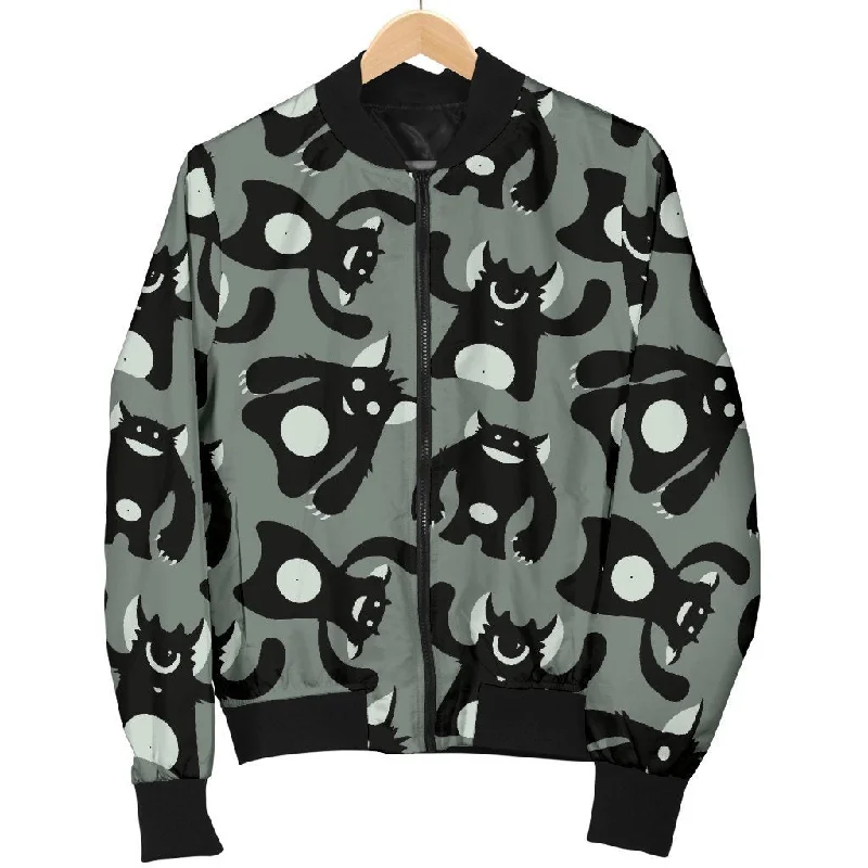 Black Bigfoot Pattern Print Women Casual Bomber Jacket