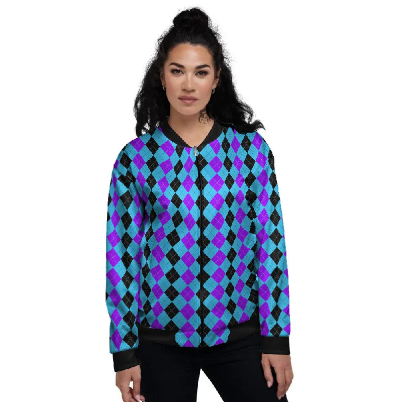 Black Blue And Purple Argyle Print Women's Bomber Jacket