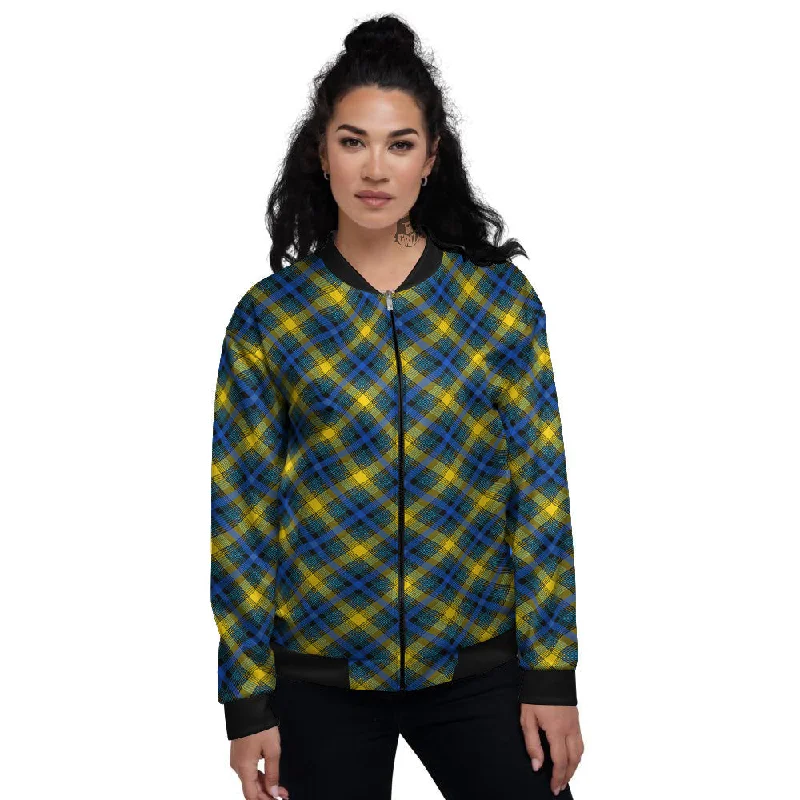 Black Blue And Yellow Argyle Print Women's Bomber Jacket