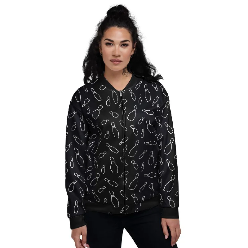 Black Bowling Pins Print Pattern Women's Bomber Jacket