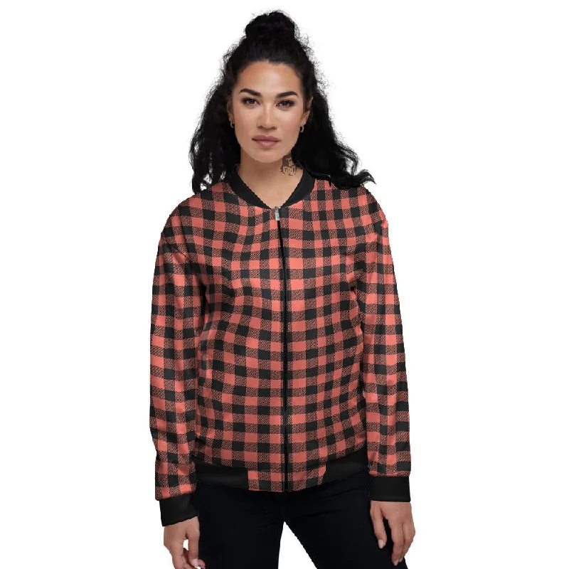 Black Buffalo Check And Coral Pink Print Women's Bomber Jacket