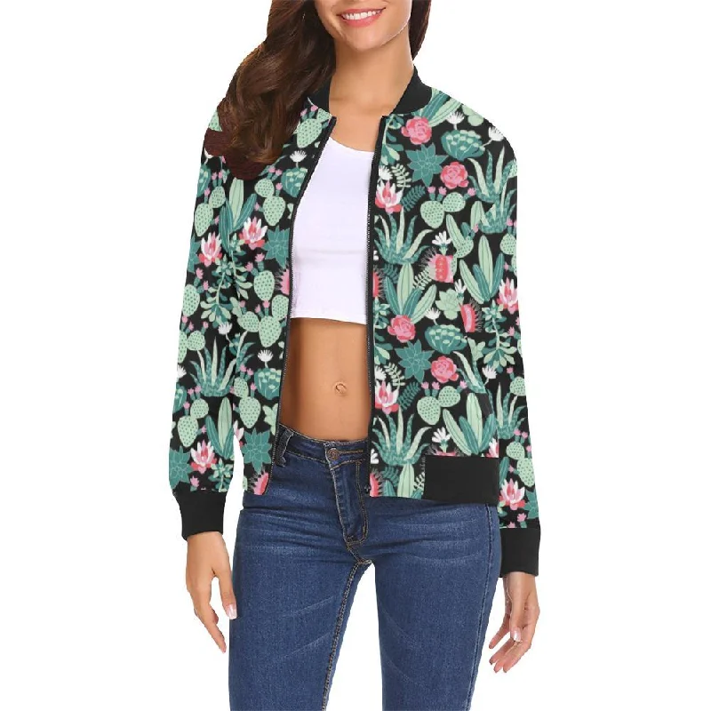 Black Cactus Pattern Print Women Casual Bomber Jacket