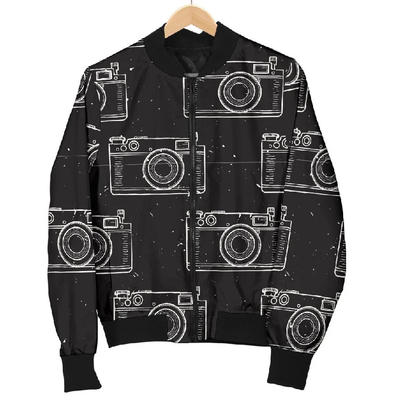 Black Camera Print Pattern Women Casual Bomber Jacket