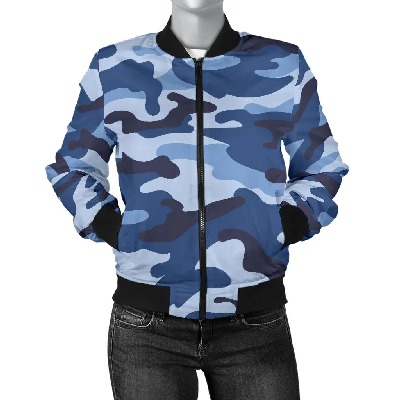 Blue Camo Camouflage Pattern Women'S Bomber Jacket