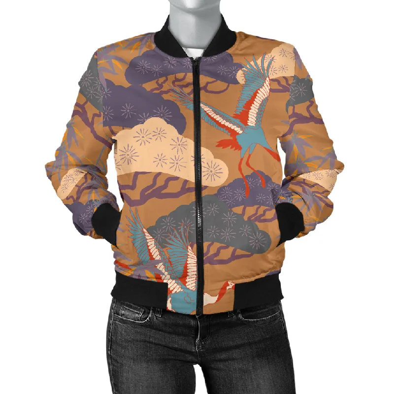 Bonsai Bamboo Stork Japanese Pattern Brown Theme Women'S Bomber Jacket