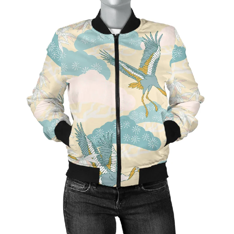 Bonsai Bamboo Stork Japanese Pattern Cream Theme Women'S Bomber Jacket