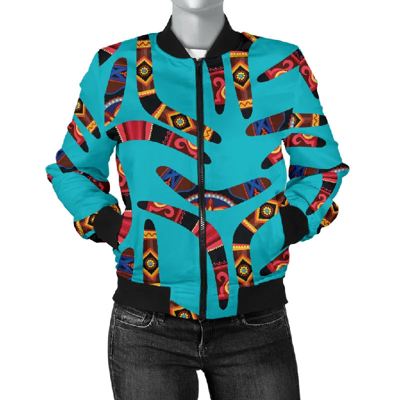 Boomerang Australian Aboriginal Ornawomen'St Blue Background Women'S Bomber Jacket