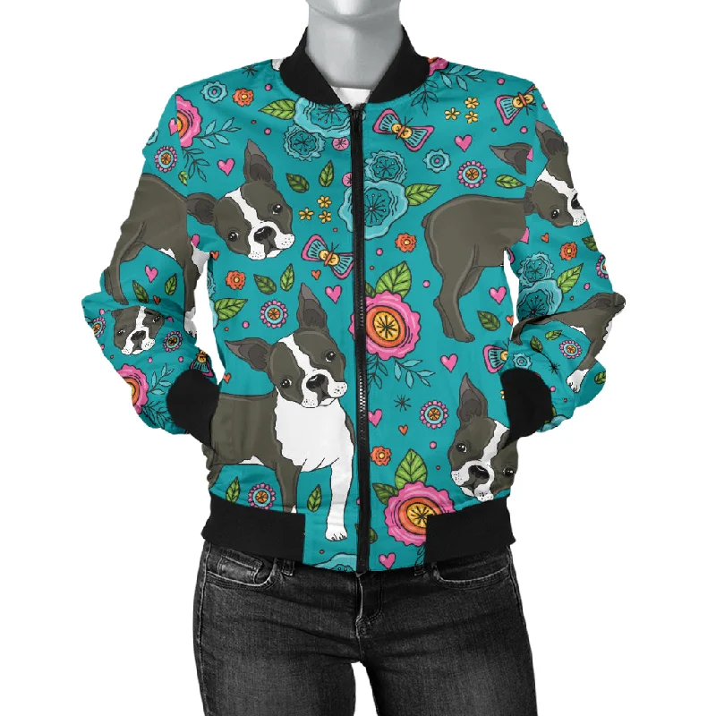 Boston Terrier Beautiful Flower Pattern Women'S Bomber Jacket