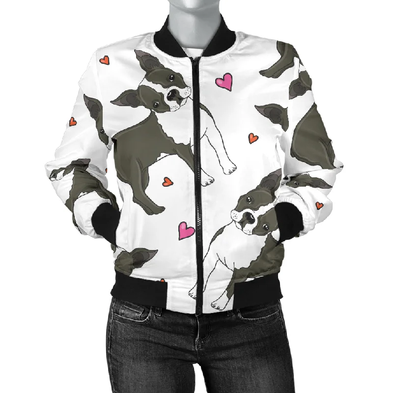 Boston Terrier Dog Hearts Vector Pattern Women'S Bomber Jacket